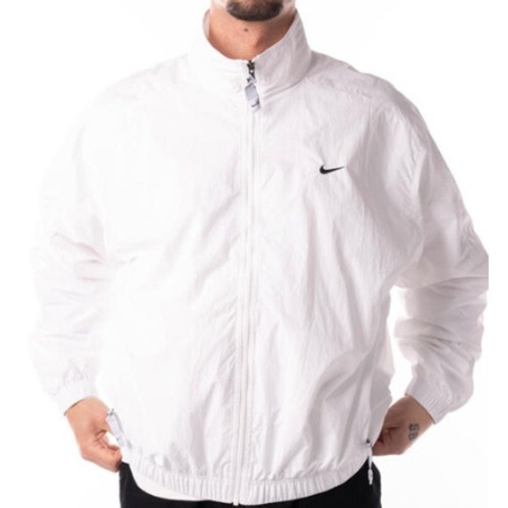 Nike Solo Swoosh Track Jacket Mens Large White Full Zip Windbreaker Stained